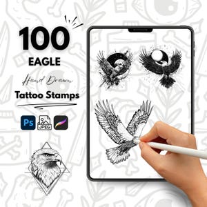 100 Eagle Hand Drawn Tattoo Stamps, Procreate Tattoo Brushes, Photoshop Tattoo Brushes, Eagle Tattoo Stamp Set, Bird Tattoo Flash