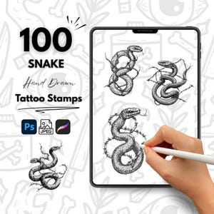 May include: A digital tablet screen displaying 100 hand-drawn snake tattoo stamps. The stamps are black and white and feature snakes wrapped around barbed wire. The text "100 SNAKE Hand Drawn Tattoo Stamps" is displayed on the screen. A hand is holding a stylus and drawing on the screen.