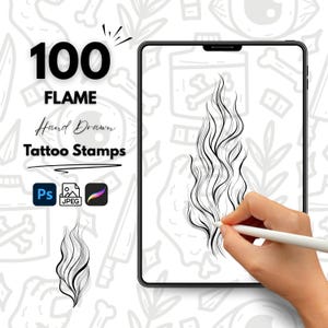 May include: A digital illustration of 100 hand-drawn flame tattoo stamps. The image shows a hand holding a stylus drawing a flame on a tablet screen. The text "100 FLAME Hand Drawn Tattoo Stamps" is displayed on the image.