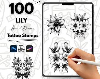 May include: A digital tablet screen displaying 100 hand-drawn lily tattoo stamps. The stamps are black and white and feature various lily designs. The text "100 Lily Hand Drawn Tattoo Stamps" is displayed on the screen. A hand is holding a stylus and drawing on the screen.