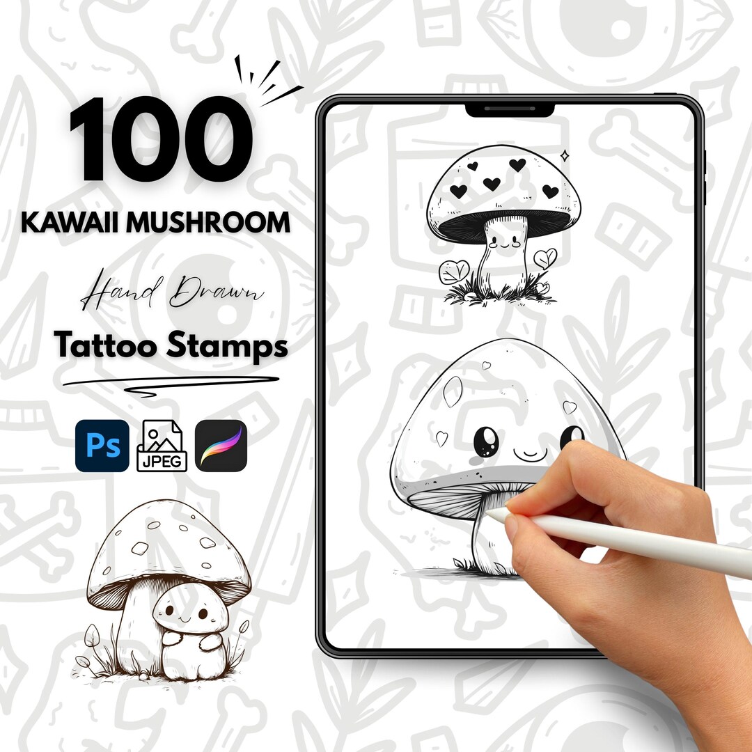 100 Kawaii Mushroom Hand Drawn Tattoo Stamps, Procreate Tattoo Brushes ...