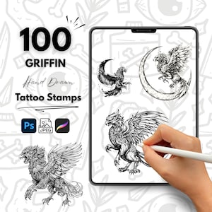 100 tampons de tatouage dessinés à la main Griffin, Procreate, pinceaux de tatouage Photoshop, jeu de tampons de tatouage Griffin, tatouage flash mythique