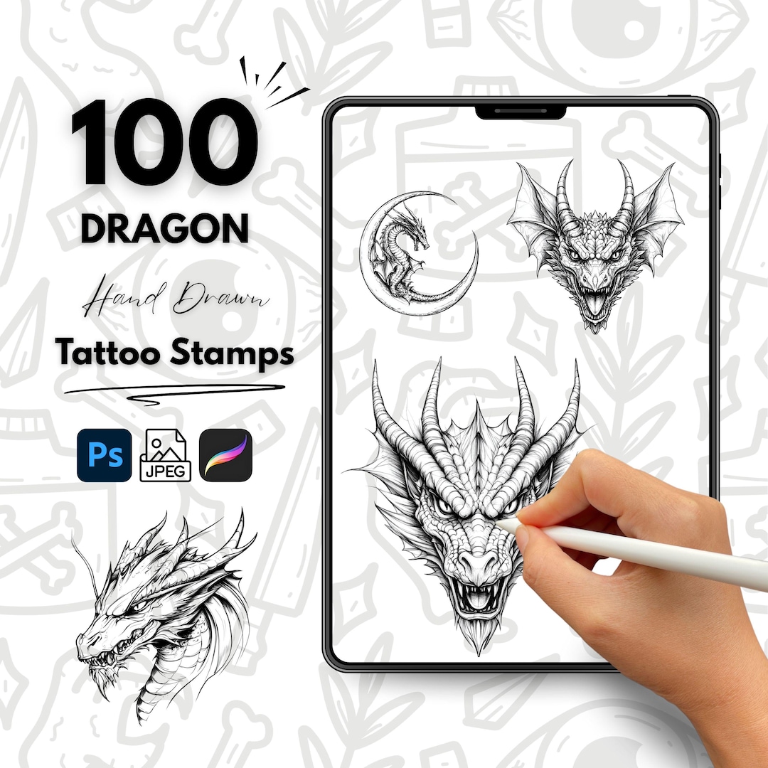100 Dragon Hand Drawn Tattoo Stamps, Procreate Tattoo Brushes ...