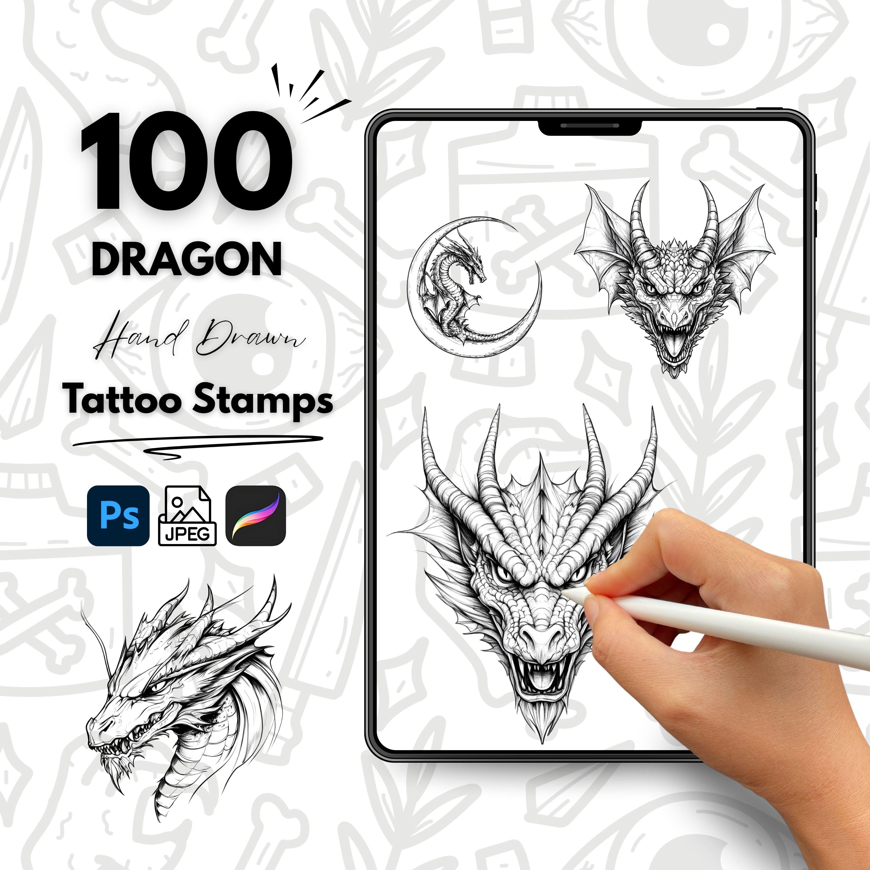 100 Sellos de tatuaje de dragón Set de pinceles dibujados a mano para Procreate y Photoshop | Flash de tatuajes mítico