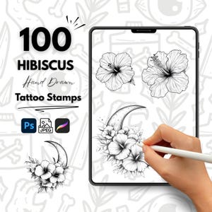 100 Hibiscus Hand Drawn Tattoo Stamps, Procreate Tattoo Brushes, Photoshop Tattoo Brushes, Hibiscus Tattoo Stamp Set, Floral Tattoo Flash