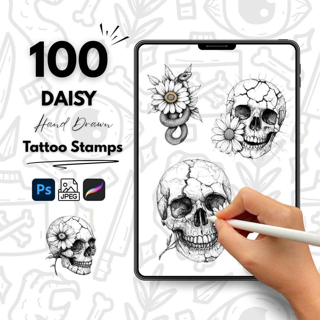 100 Daisy Hand Drawn Tattoo Stamps, Procreate Tattoo Brushes, Photoshop ...