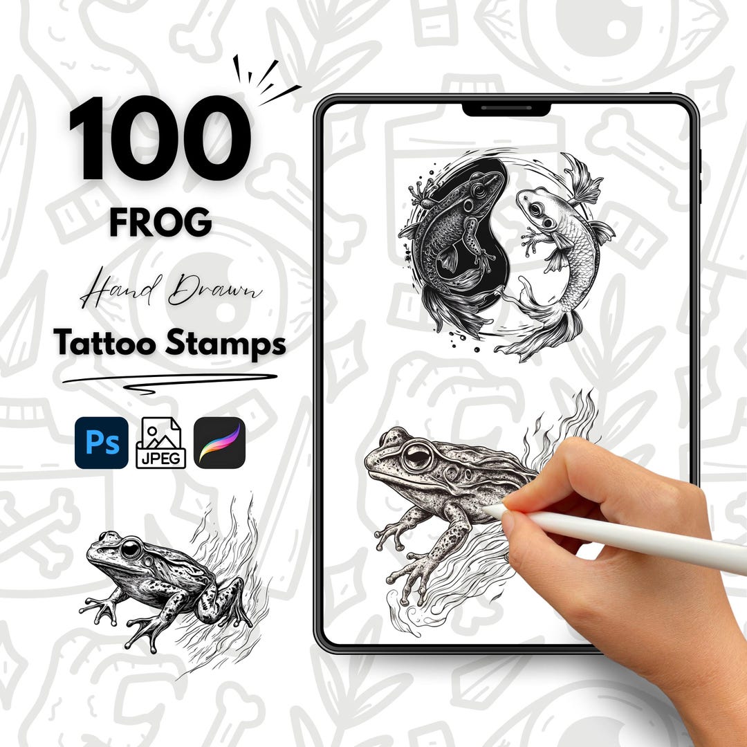 100 Frog Hand Drawn Tattoo Stamps, Procreate Tattoo Brushes, Photoshop ...