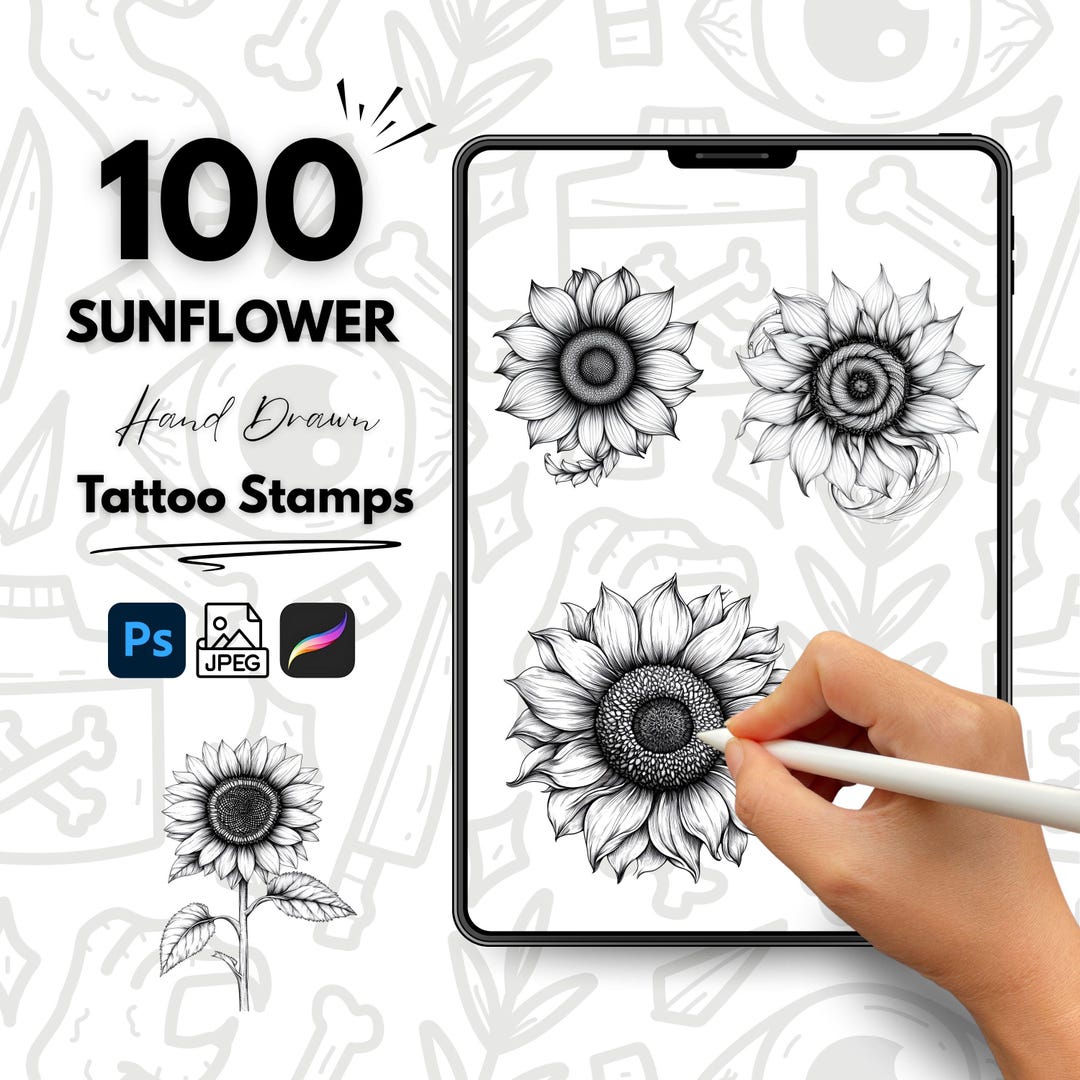 100 Sunflower Hand Drawn Tattoo Stamps, Procreate Tattoo Brushes ...