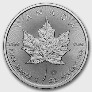 May include: A silver coin featuring a detailed maple leaf at the centre. The text CANADA is arched at the top. The inscriptions 9999 appear on both sides of the leaf. The text FINE SILVER 1 OZ ARGENT PUR is printed along the bottom edge.