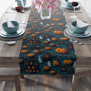 Halloween Table Runner, Spooky Decor, Orange and Black Runner, Kitchen Table Decor, Cotton Polyester, Haunted House Runner