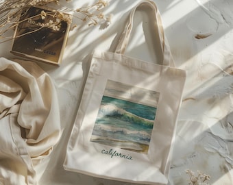 California Waves Cotton Canvas Tote Bag: Newport Beach Watercolor