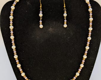 Pearl Necklace and Earrings Set, Lavender and Yellow Bead, Handmade