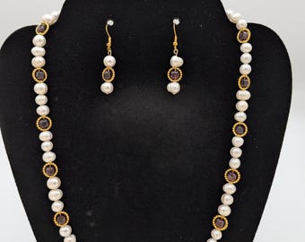 Real pearl and purple crystal bead necklace and earring set