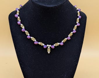 Real pearl and bead necklace - purple and gold