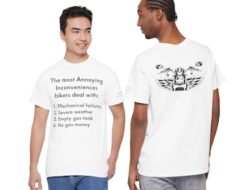 Biker Inconveniences Shirt, Funny Motorcycle Rider Humor Tee, Biker Life T-Shirt, Unisex Cotton Rider Shirt white and grey colors