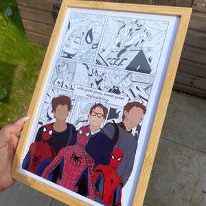 Spider-Man (Andrew, Tom and Tobey) A4 framed illustrated print/poster bedroom decor or gift - wooden frame or black frame optional
