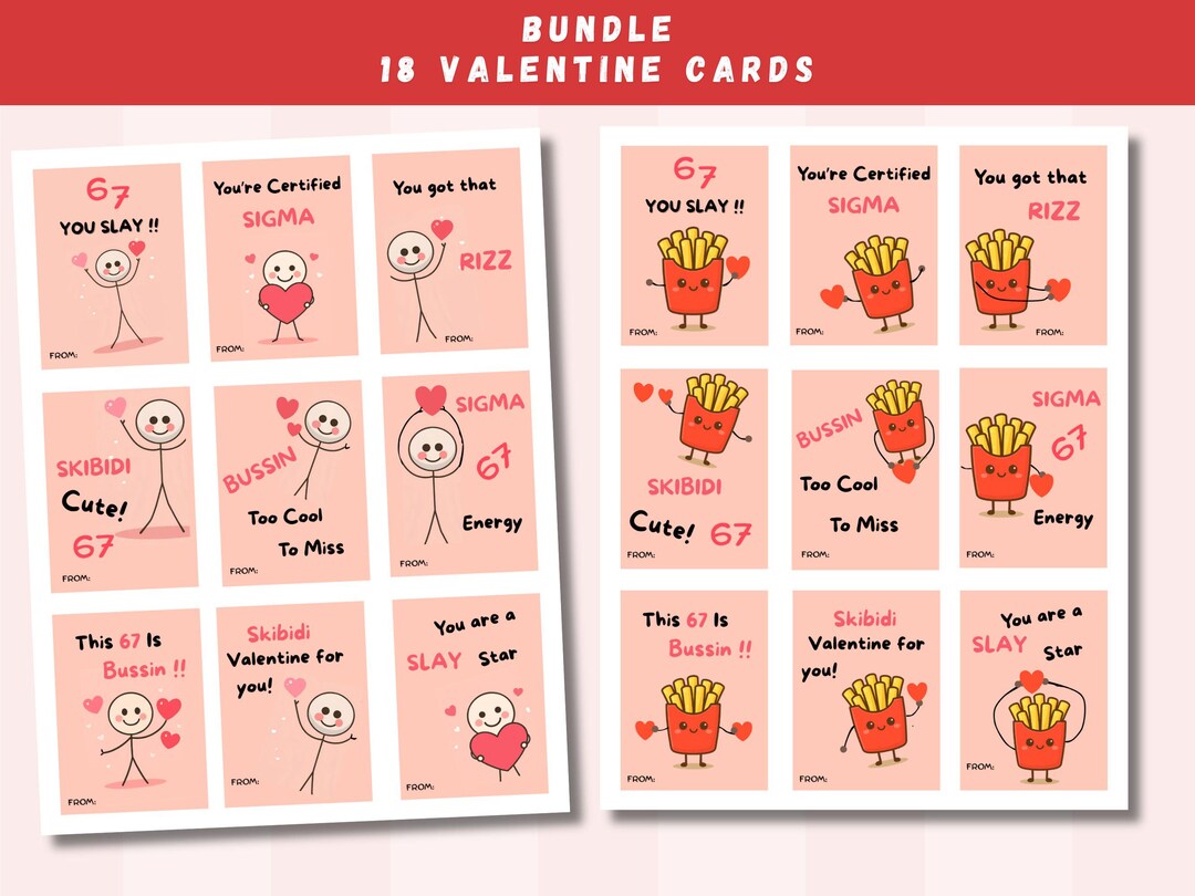 67 Slang Kids Valentine Cards Bundle, 18 Skibidi Rizz Funny Printable ...