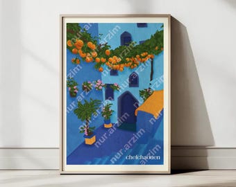 Puede incluir: Una pintura digital de un edificio azul con una puerta amarilla y un árbol con fruta naranja colgando de él. El edificio está rodeado de paredes y escaleras azules. El texto "chelchaouen" está en la parte inferior de la imagen.