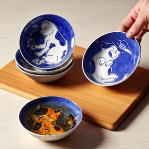 Japanese Cat Dipping Bowls: Blue & White Ceramic Sushi Set