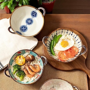 Handmade Japanese Ceramic Serving Bowls with Handles – Floral Blue Pottery – Vintage Soup, Ramen, Pasta Bowl – Unique Gift Idea