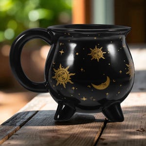 Witch Cauldron Coffee Mug: Black Ceramic Cup with Moon & Stars