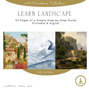 Könnte beinhalten: Titelbild eines digitalen Kunst-Arbeitsbuchs mit dem Titel "LEARN LANDSCAPE". Das Cover zeigt drei Landschaftsbilder: ein Dorf am Hang, eine Berglandschaft in Aquarell und ein europäisches Dorf. Der Text weist darauf hin, dass es sich um einen 24-seitigen, druckbaren und digitalen Leitfaden handelt.
