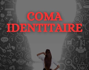 May include: A woman stands in front of a grey background with a large white shape in the middle. The shape is a silhouette of a head. The text "COMA IDENTITAIRE" is written in red letters on the silhouette. The text "PAULE MATHIEU N." is written in black letters at the bottom of the image. The background is covered in small black and white drawings of various objects.