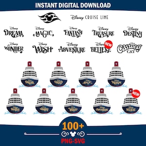 May include: A digital collection of Disney Cruise Line logos and ship illustrations. The set includes text for Dream, Magic, Fantasy, Treasure, Destiny, Wonder, Wish, Adventure, Believe, and Castaway Cay, alongside nine stylized cruise ship icons.