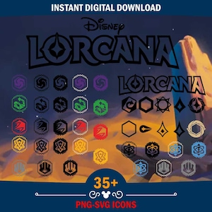 Puede incluir: Una colección digital de iconos de Disney Lorcana que presenta más de 35 símbolos gráficos en varios colores y estilos. La imagen muestra el logotipo de Disney Lorcana en la parte superior y derecha, con filas de iconos hexagonales y geométricos en morado, verde, rojo, amarillo, azul y negro.