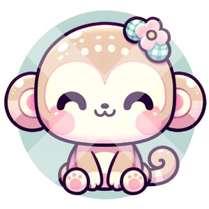 May include: A cartoon illustration of a cute, brown and pink monkey with a flower on its head. The monkey is sitting with its legs crossed and has a happy expression on its face.
