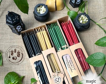 Juego de velas de cera rituales: 40 velas + soporte | Elige entre rojo, verde, negro o amarillo