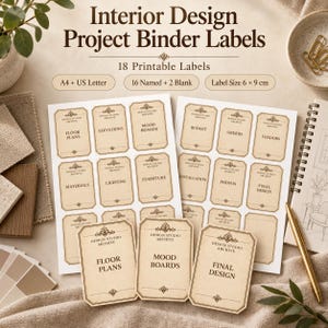 May include: A set of 18 printable interior design project binder labels on two sheets, featuring a vintage-style beige background with dark brown text and decorative borders. The labels include categories like Floor Plans, Mood Boards, and Budget.