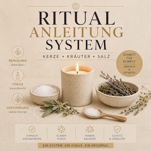 May include: A candle with a lit flame, surrounded by small bowls of salt and herbs, and a wooden spoon. The image includes text that reads "RITUAL ANLEITUNG SYSTEM" and other German text.