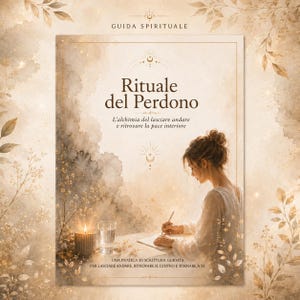 May include: A book cover titled Guida Spirituale Rituale del Perdon featuring a person writing at a desk with a lit candle and a glass of water. The background has a soft beige watercolor aesthetic with botanical illustrations and celestial symbols.