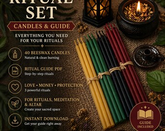Juego de velas rituales con instrucciones en PDF | Juego de amor, dinero y protección | Velas de cera para el altar y la realización de deseos.
