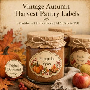 May include: A set of printable pantry labels titled Vintage Autumn Harvest Pantry Labels, featuring 8 designs for fall kitchen use in A4 and US Letter PDF formats. The labels include text like Pumpkin Spice and Maple Syrup with autumn leaf graphics.