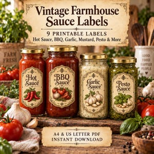 Puede incluir: Cuatro frascos de vidrio con tapas doradas que contienen salsas roja, marrón, crema y verde. Cada frasco tiene una etiqueta de estilo vintage con el texto Hot Sauce, BBQ Sauce, Garlic Sauce o Pesto Sauce, junto con ilustraciones de pimientos, tomates, ajo y albahaca.