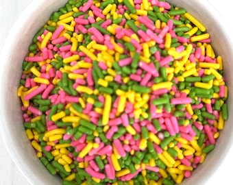 Mezcla de chispas de frutas Tootie. ¡Mezcla de chispas amarillas, rosas y lima! ¡Mezcla de Jimmies! Decoración de pasteles, cupcakes, galletas y dulces de cumpleaños. 85 g.