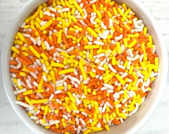 ¡Mezcla de chispas de caramelo! ¡Galletas comestibles de color naranja, amarillo y blanco! Cupcakes de Halloween, dulces, repostería, decoración de pasteles, 177 g