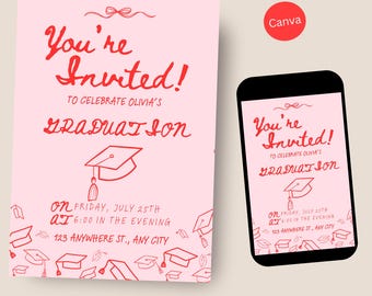 Plantilla de invitación para fiesta de graduación dibujada a mano / Invitación para anuncio de graduación / Escuela secundaria / Graduación universitaria / 100 % editable en color / Canva