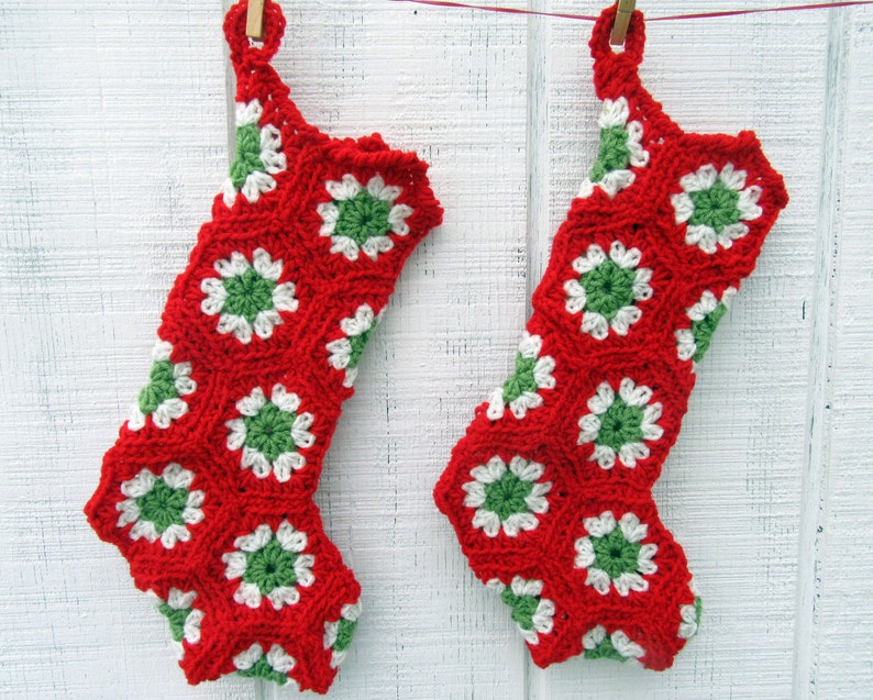 Red, Green & Off-White Crocheted Granny Square Christmas Stocking 16-inch size smaller than standard image 1