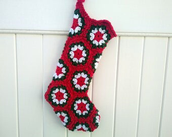 Crocheted Granny Square Christmas Stocking, in White, Red, and Emerald Green, family set, heirloom, grandma