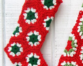 Red, Green & Off-White Crocheted Granny Square Christmas Stocking 16-inch size (smaller than standard)