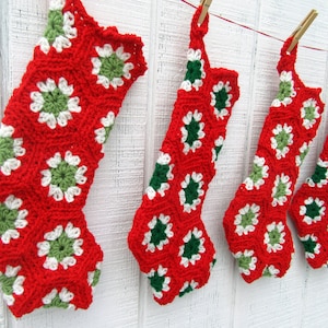 Red, Green & Off-White Crocheted Granny Square Christmas Stocking 16-inch size smaller than standard image 7