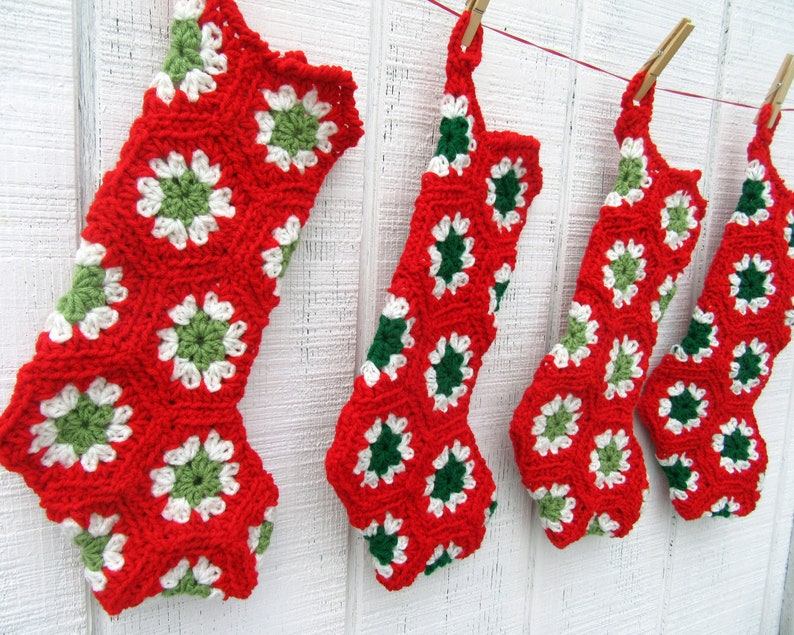 Red, Green & Off-White Crocheted Granny Square Christmas Stocking 16-inch size smaller than standard image 7