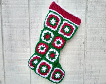 Cuffed Crocheted Granny Square Christmas Stocking in Green and Red