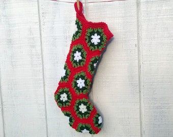 Crocheted Granny Square Christmas Stocking in red, white, pine and sage green, retro, farmhouse, family set, heirloom, grandma