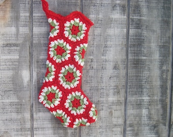 Crocheted Granny Square Christmas Stocking