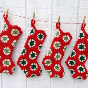 Red, Green & Off-White Crocheted Granny Square Christmas Stocking 16-inch size smaller than standard image 6