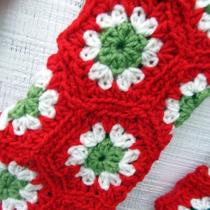 Red, Green & Off-White Crocheted Granny Square Christmas Stocking 16-inch size smaller than standard image 5
